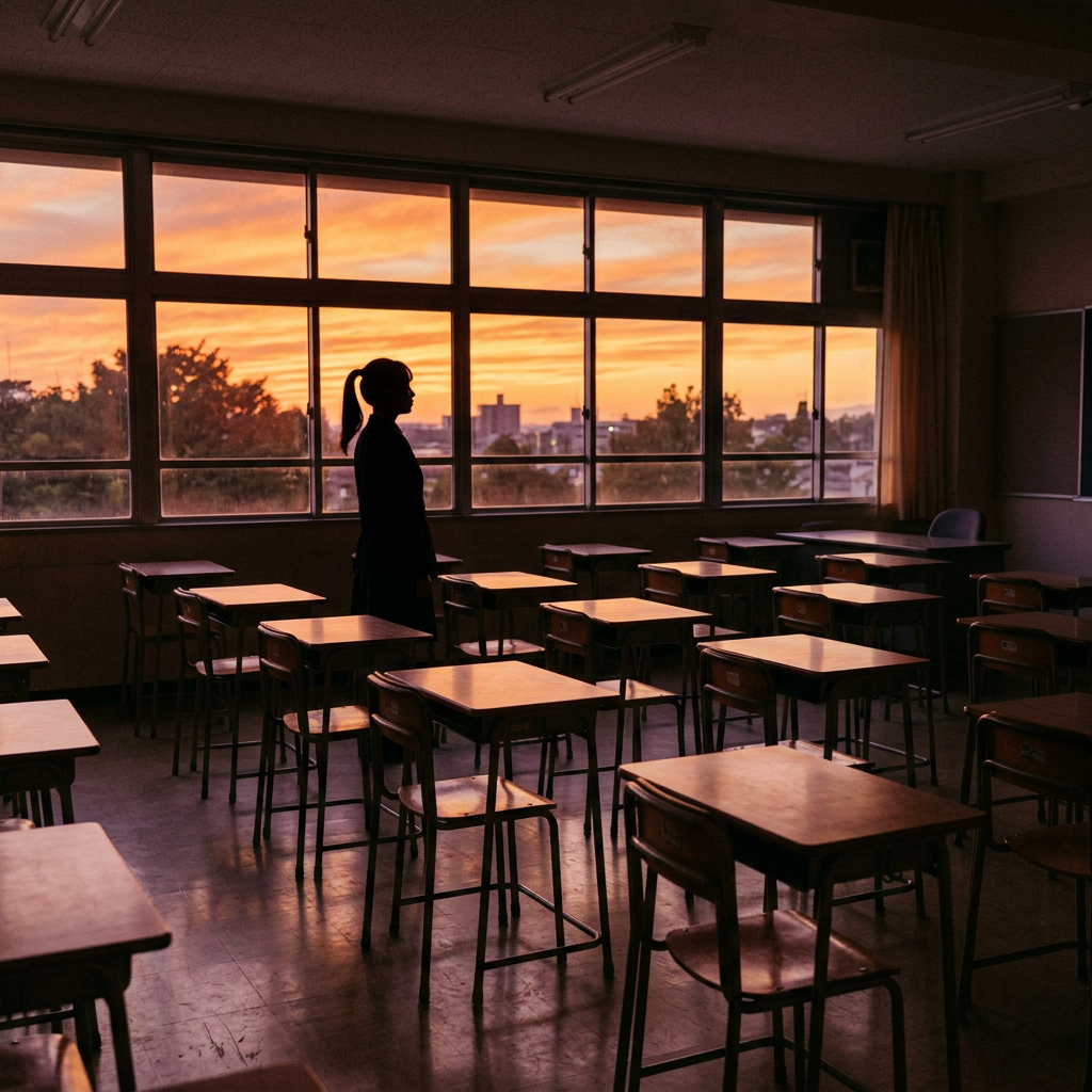 Silhouette of a student standing in an empty classroom with sunset outside windows