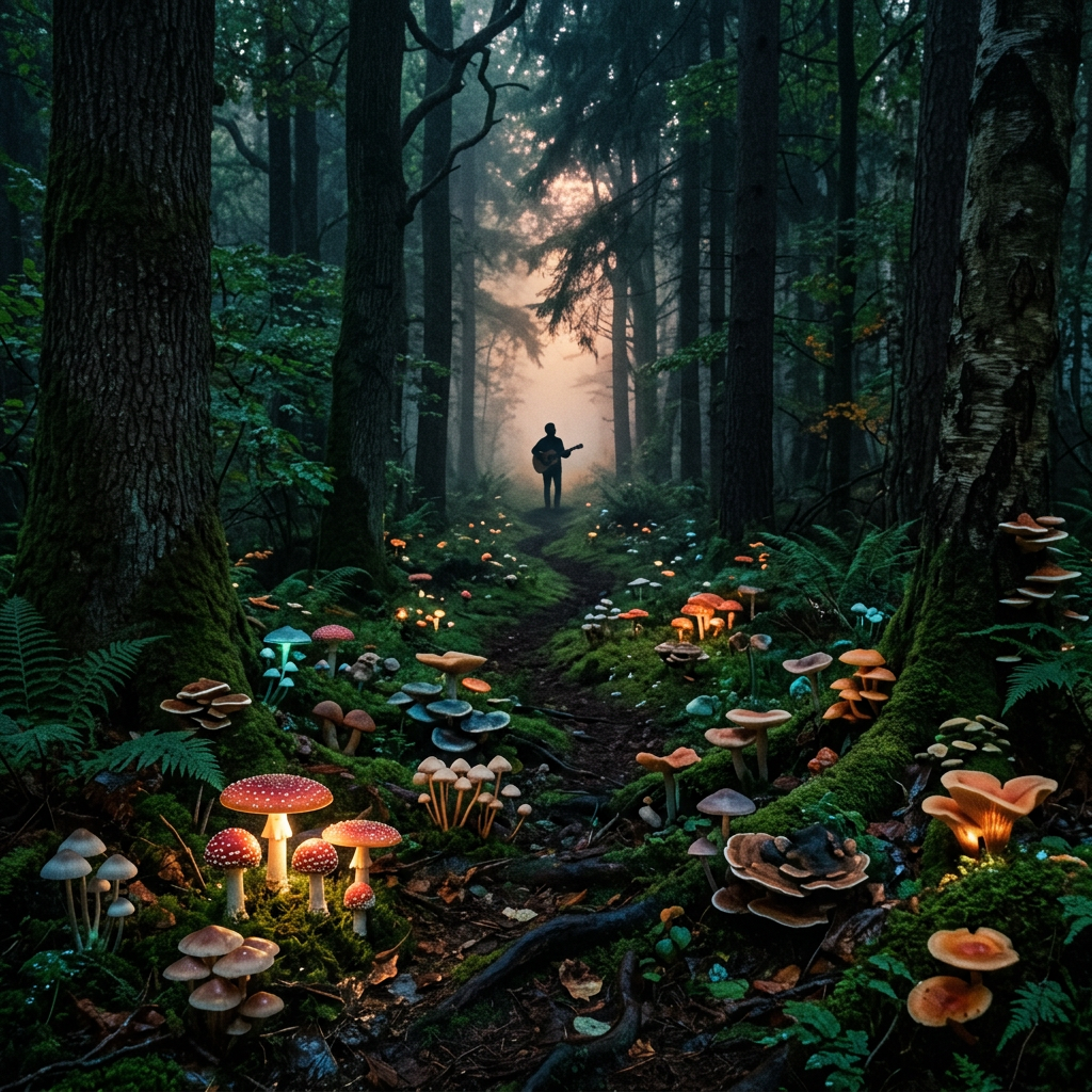 A silhouette of a person playing guitar on a path in a dark forest with glowing mushrooms along the sides.