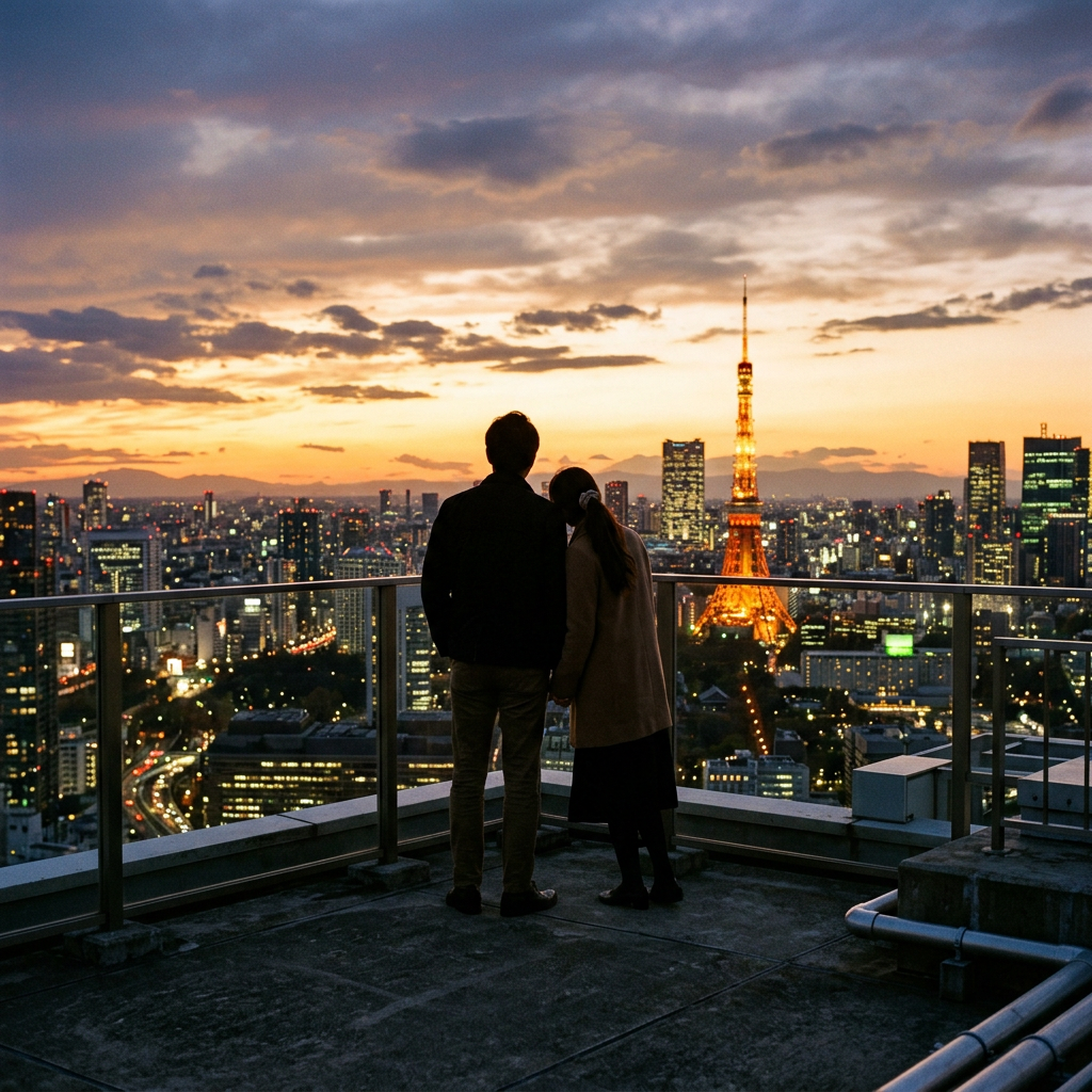 Couple standing on rooftop overlooking Tokyo city at sunset with Tokyo Tower lit up